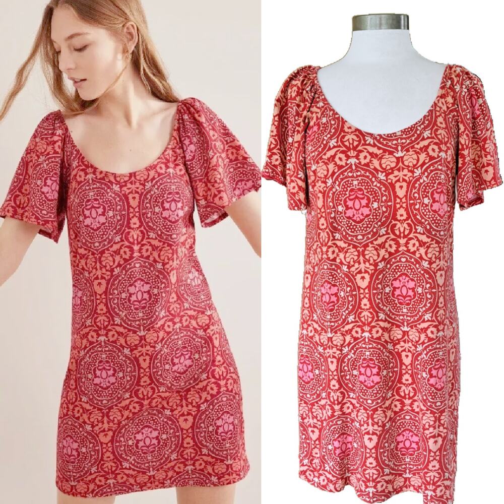 BODEN Scoop Neck Jersey Mini Dress Poinsettia, Exotic Tile Red size 8
